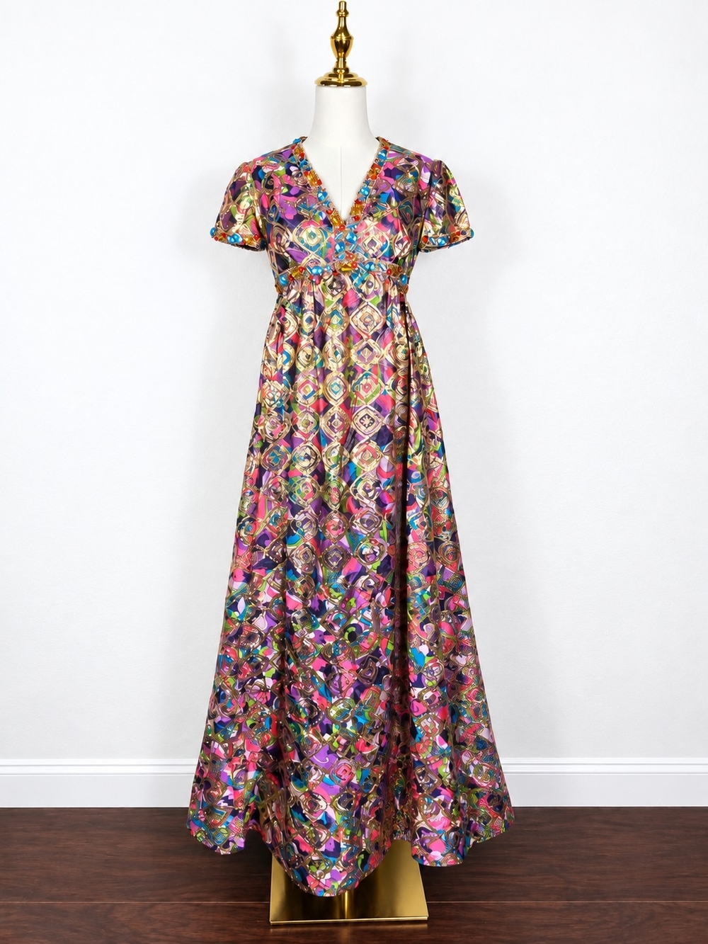 Vintage Malcolm Starr Rizkallah Psychedelic Metallic Brocade Beaded Maxi Dress 6